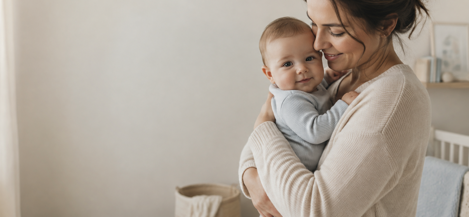 Mother holding her baby at home